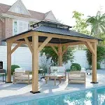 AMERLIFE 10x12 Wood Gazebo, Hardtop Gazebo with Aluminum Double Roof, Outdoor Gazebo with Wood Frame for Parties, Backyard, Lawns, Patio, Black + Natural Wood