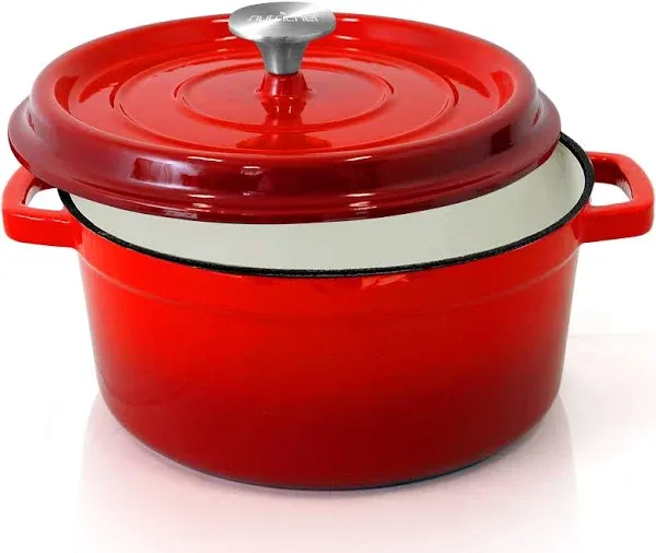 NutriChef 5 Quart Round Cast Iron Dutch Oven with Self Basting Lid, Red (Used)