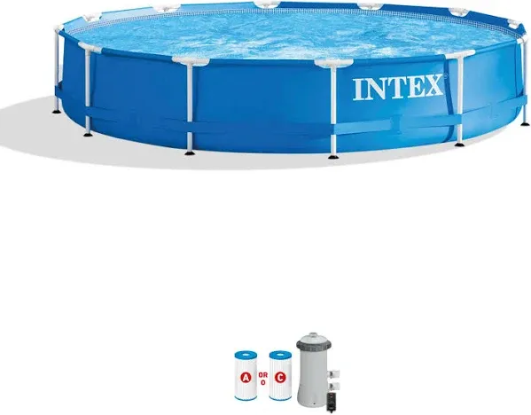 Intex 12ft x 30in Metal Frame Above Ground Round Family Swimming Pool Set &amp; P...