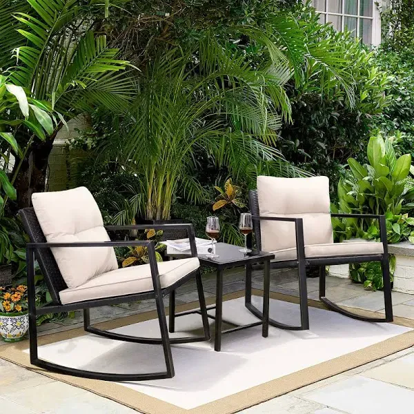 3 Pieces Rocking Wicker Bistro Set, Patio Outdoor Furniture Conversation Sets 