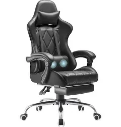 Shahoo Gaming Chair with Footrest and Massage Lumbar Support, Ergonomic Computer Seat Height Adjustable with 360Swivel and Headrest, Black