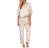 Dakimoe Womens Silk Satin Pajama Set Short Sleeve Shirt with Long Pajama Pant Set Two-piece Pj Sets Soft Sleepwear Loungewear Nightwear Button-Down