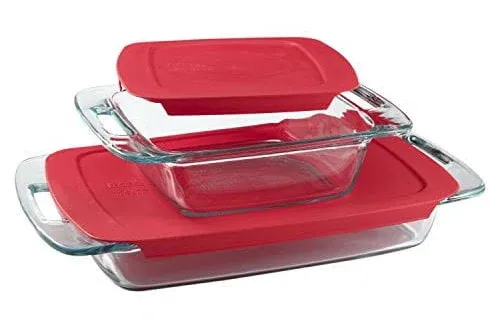 Pyrex Easy Grab 4-piece Rectangular Glass Bakeware Set with Red Lids