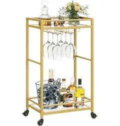 Lifewit Bar Cart Gold, Home Serving Bar Cart with Lockable Wheels, Wine Rolling Cart with 2 Tier Glass Shelves, Liquor Cart with Glass Holder, Beverage Cart for Kitchen Dining Living Room