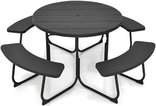 Costway Outdoor 8-Person Round Picnic Table Bench Set with 4 Benches and Umbrella Hole