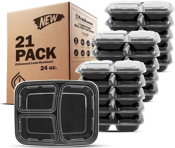 Freshware Meal Prep Containers 3 Compartments with Lids, Set of 21 New SEALED