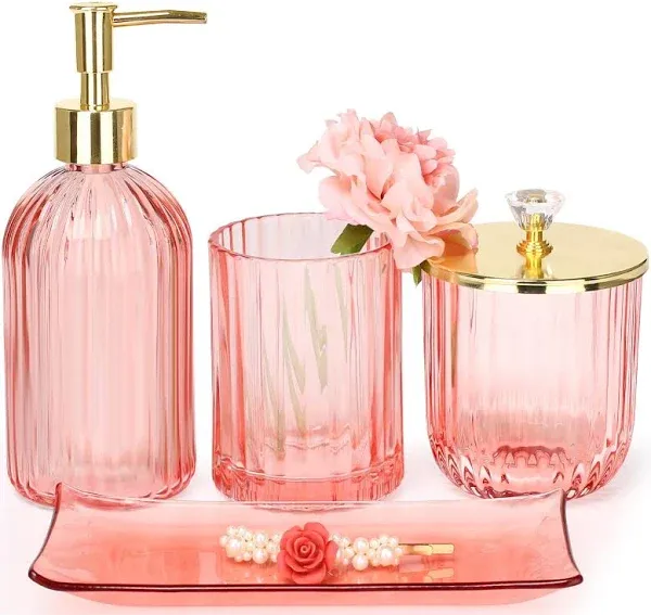 Bathroom Accessories Set 4 Pcs Glass Bathroom Accessories Sets Complete w/Lotion Soap Dispenser