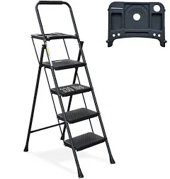 HBTower KQ0004-BK 4 Step Ladder, Folding Step Stool with Tool Platform, Wide Anti-Slip Pedal, Sturdy Steel Ladder, Convenient Handgrip