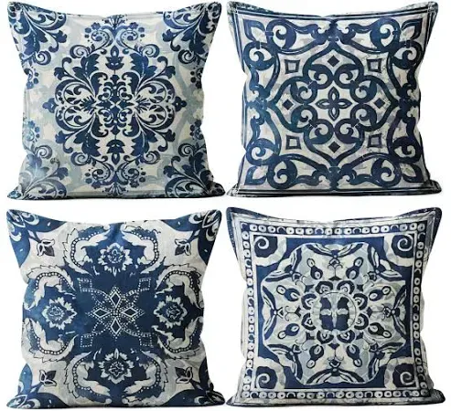 M-Qizi Blue Throw Pillow Covers - Linen Blue Pillow Covers 18x18 Set of 4, Decorative Blue and White Pillow Covers, Chinoiserie Pillow Cover, Chinoise