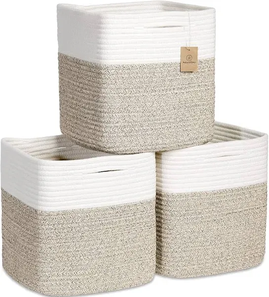 OIAHOMY Cube Storage Basket 3-Pack Woven Cotton Rope Baskets for Storage