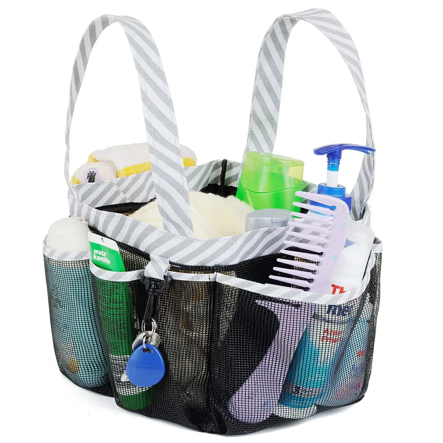 Mesh Shower Caddy Tote, Large College Dorm Bathroom Caddy Organizer with Key Hook and 2 Oxford Handles, Quick Hold, 8 Basket Pockets for Camp Gym