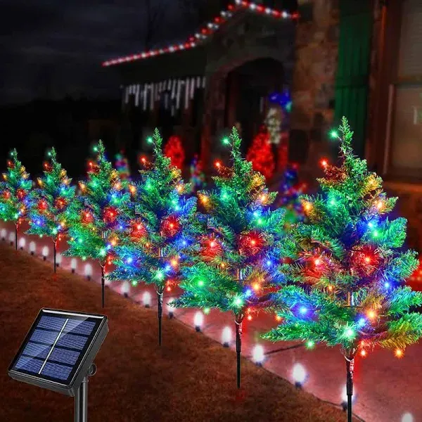 Outdoor Christmas Decorations 6-Pack Solar Christmas Tree with 8 Lighting Modes 120 Multi-Color Lights for House Outside Pathway Yard Garden Walkway Lawn Patio Front Porch Door