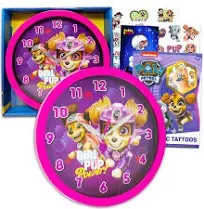 Paw Patrol Wall Clock Room Decor Bundle with 10" Paw Patrol Wall Clock with Skye, Plus Tattoos and More for Kids