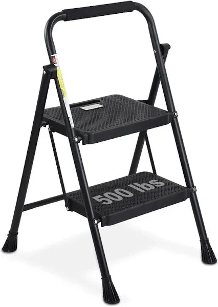 HBTower Black Lightweight Sturdy Folding 2 Step Ladder with Wide Anti-Slip Pedal