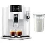 Jura E8 Automatic Espresso Machine (Piano White) with Glass Milk Container