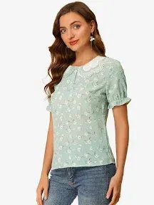 Allegra K Women's Floral Vintage Ruffled Short Sleeve Peter Pan Blouse