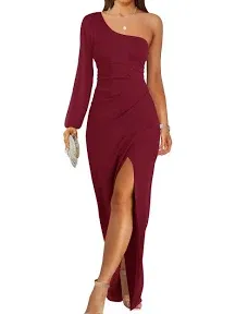 ZESICA Women's 2024 One Shoulder Long Sleeve Cocktail Dress Sexy High Slit Ruched Bodycon Wedding Guest Maxi Dresses