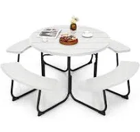 Costway Outdoor 8-Person Round Picnic Table Bench Set with 4 Benches and Umbrella Hole