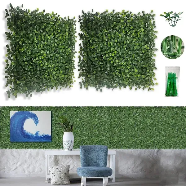 Bybeton Artificial Grass Wall Panel,10&#034;x 10&#034;(12Pcs) Boxwood Faux Green Wall P...