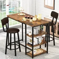 Kitchen Dining Table Set for 2, Bar Table and Chairs Set with 3 Storage Shelves,