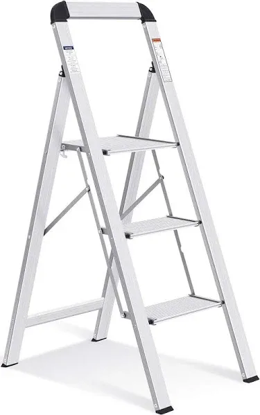 Aluminium 3 Step Ladder, Lightweight Step Stool with Non-Slip Pedals, Handrai...