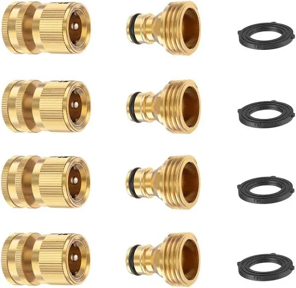 Garden Hose Quick Connector, Solid Brass 3/4 Inch Thread Fitting No-Leak 4 Sets