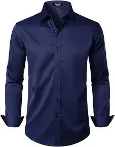 Men's Stretch Wrinkle Free Dress Shirts Formal Wedding Prom Long Sleeve Slim Fit Button Down Shirt