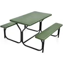 Green All-Weather Metal Outdoor Picnic Table Bench Set with Metal Base