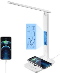 poukaran Desk Lamp, LED Desk Lamp with Wireless Charger, USB Charging Port, Table Lamp with Clock, Alarm, Date, Temperature, Office Lamp, Desk Lamps