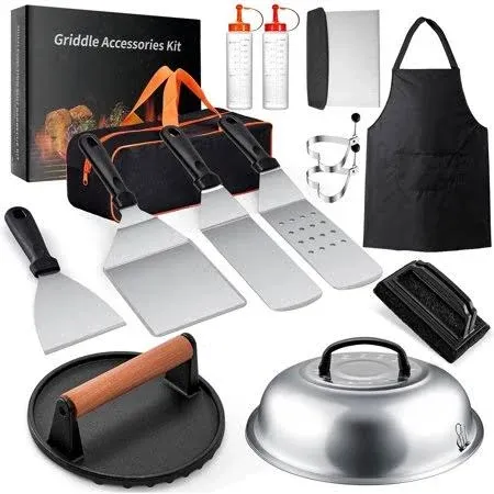 Griddle Accessories Kit, 15pcs Flat Top Grill Accessories Set for Blackstone and Camp Chef, Enlarged Spatulas, Basting Cover, Stain Steel Grill