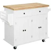 HOMCOM Kitchen Island on Wheels, Rolling Cart with Rubberwood Top, Spice Rack, Towel Rack and Drawers for Dining Room