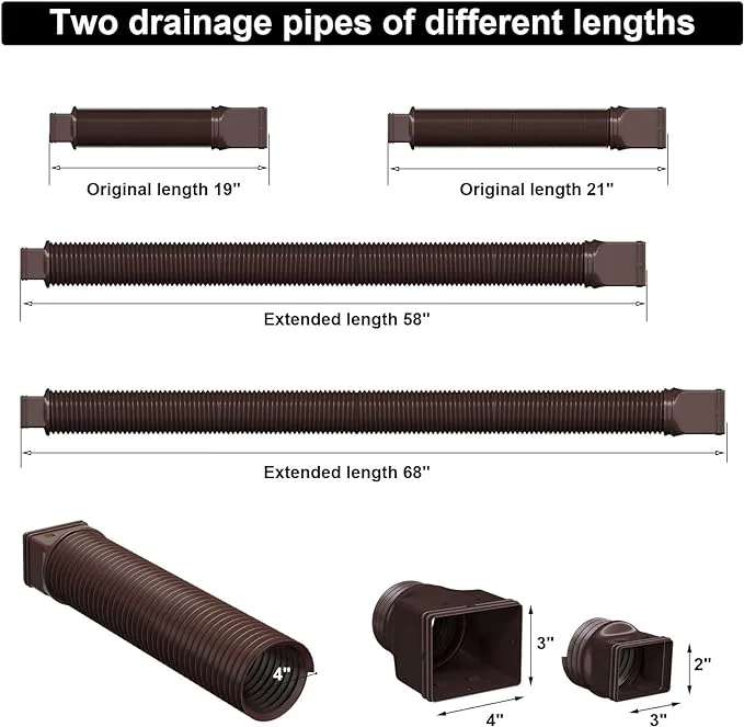 2 Pack Rain Gutter Downspout Extensions, Flexible Downspout Extender with 58"+68" Extendable Pipes for Rain Water Drainage, Durable Down Spout Drain Extension with Connector (Brown)