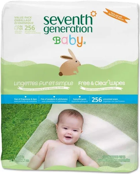 Free and Clear Baby Wipes, Refill, 7 x 7, Unscented, White, 256/Pack