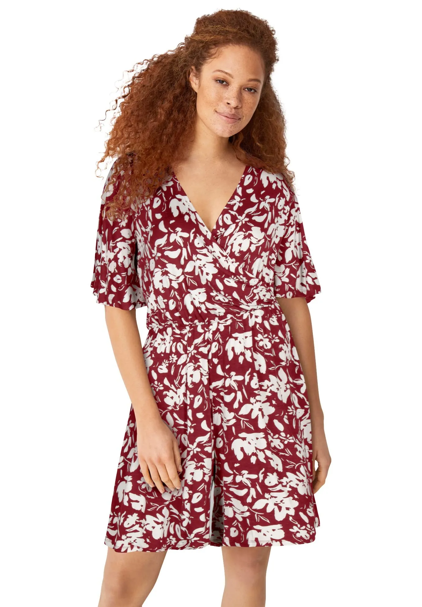 ellos Women's Plus Size Flutter Sleeve Surplice Romper