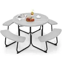 Giantex Up to 8 Persons Round Outdoor Table Bench Set with Umbrella Hole