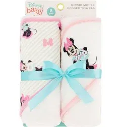 Disney Cudlie Baby Girl Minnie Mouse 2 Pack Rolled/Carded Hooded Towels in Tiny Stripe Print