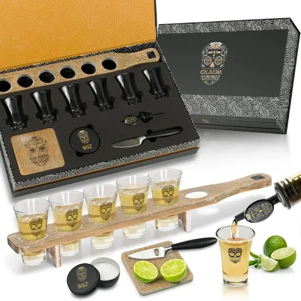 Don Paragone Calavera Tequila Shot Board Set Fine Oak Wood Shot Glass Holder Tray with 6 Tequila Shot Glasses