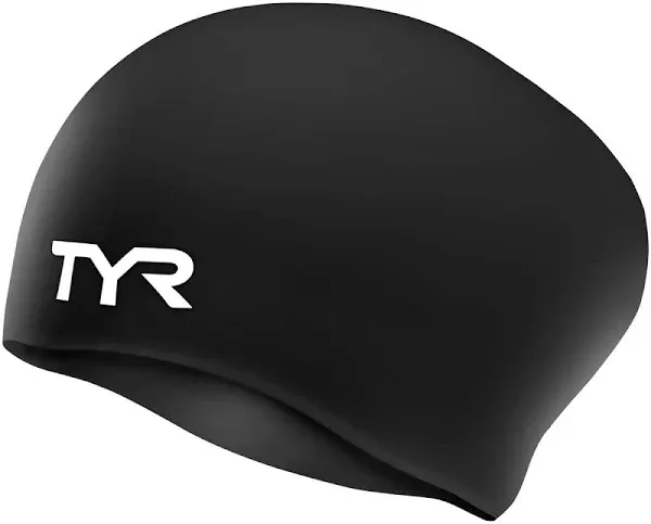 TYR Sport Long Hair Silicone Wrinkle Free Adult Swim Cap - Black White Lettering