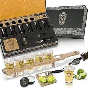 Calavera Tequila Shot Board Set Fine Oak Wood Shot Glass Holder Tray With 6 Tequ