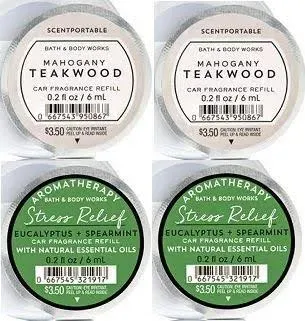 Bath and Body Works Mahoganny Teakwood & Stress Relief Eucalyptus Spearmint Scentportable Fragrance Refill. 0.2 Oz