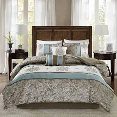 BEAUTIFUL ELEGANT CHIC BLUE AQUA BROWN SILVER IVORY RUFFLE SCROLL COMFORTER SET