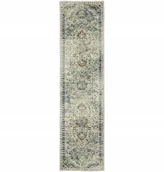 2' X 8' Blue Beige Rust Gold and Teal Oriental Power Loom Stain Resistant Runner Rug