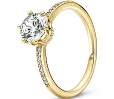 PANDORA Clear Sparkling Crown Solitaire Ring - Gold Ring for Women - Gift for Her - 14k Gold-Plated Shine with Cubic Zirconia - With Gift Box