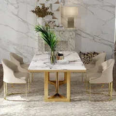 POVISON Modern Marble Dining Table with White Rectangular Tabletop Gold Stainless Legs, Dining Room Table 90.55 inch - White, Size: 90.55 - White