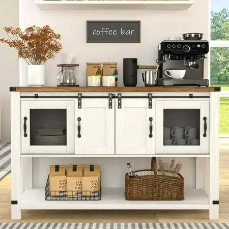 Farmhouse Coffee Bar Cabinet with Storage, 47'' Coffee Bar Table with Sliding Barn Door, White Coffee Buffet Cabinet with Metal Mesh Doors, Console