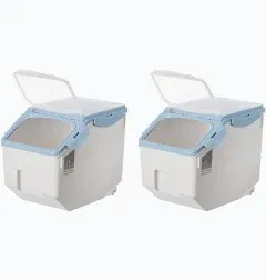 Basicwise Set of 2 White Plastic Storage Food Holder Containers with Measuring Cup and Wheels