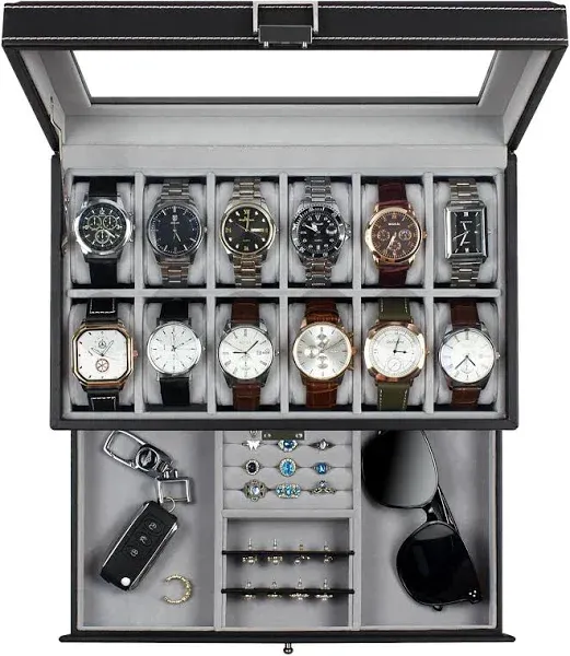 GUKA Watch Box, 12 Slot Case for Men with Real Glass 12-Slot, Black 