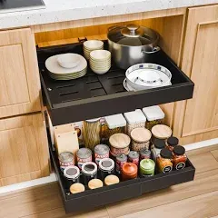 Pull out Cabinet Organizer Expandable 12.6" - 20.5" Heavy Duty Adjustable Slide Out Drawer, Roll out Shelf Storage Pantry Bathroom Nano Adhesive Sliding Kitchen Base Cabinet Organization Grey