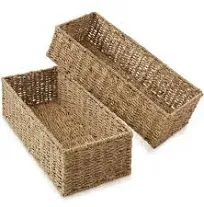 Casafield Set of 2 Bathroom Storage Baskets, Natural - Seagrass, 16" W x 6.75" D x 4.25" H, Woven Toilet Tank Topper Bins for Organizing Tissues, Toilet Paper, Toiletries, Shelves