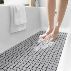 DEXI Bath Tub Shower Mat Non-Slip 16 x 39 Extra Long Bathtub Mats, Suction Cups, Drain Holes, Machine Washable Bathroom Mat, Clear Grey